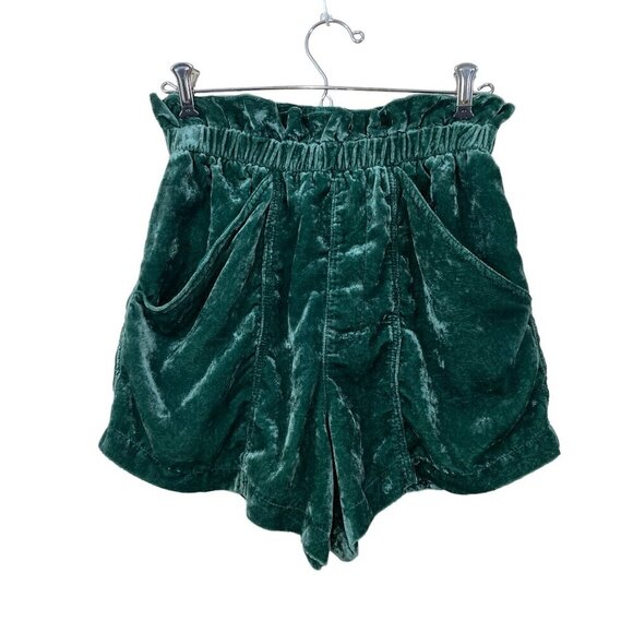 Free People Size S At First Sight Velvet Shorts Paper Bag Waist Pleated Green - Picture 5 of 6